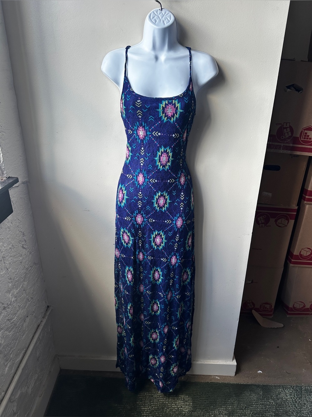 Love Fire Navy Aztec Lace Bodycon Maxi Dress Strappy Back Sheer Slit Boho L